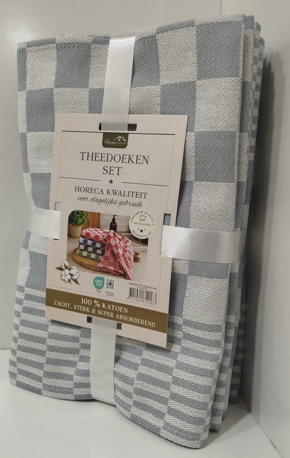Theedoek Geblokt Horeca Kwaliteit 100% Katoen - Grijs - 65 x 65 cm
