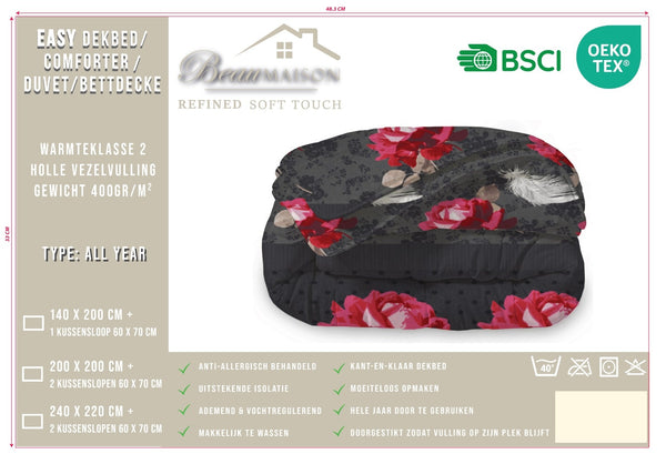 Dekbed Zonder Overtrek Roses Black Red - Easy Dekbed