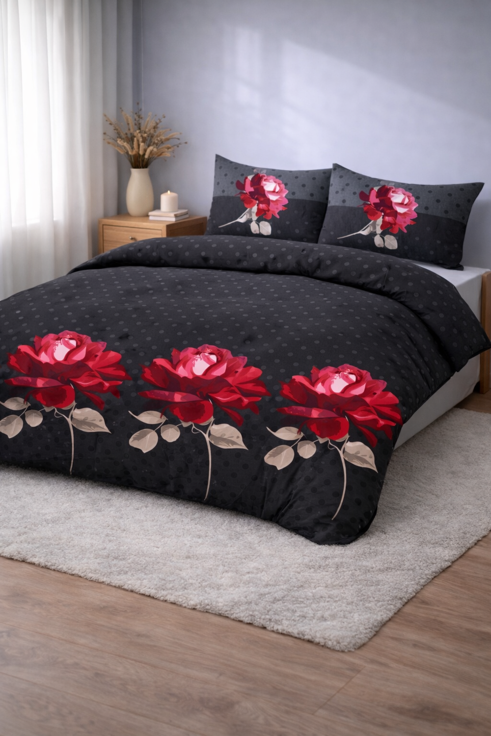 Dekbed Zonder Overtrek Roses Black Red - Easy Dekbed
